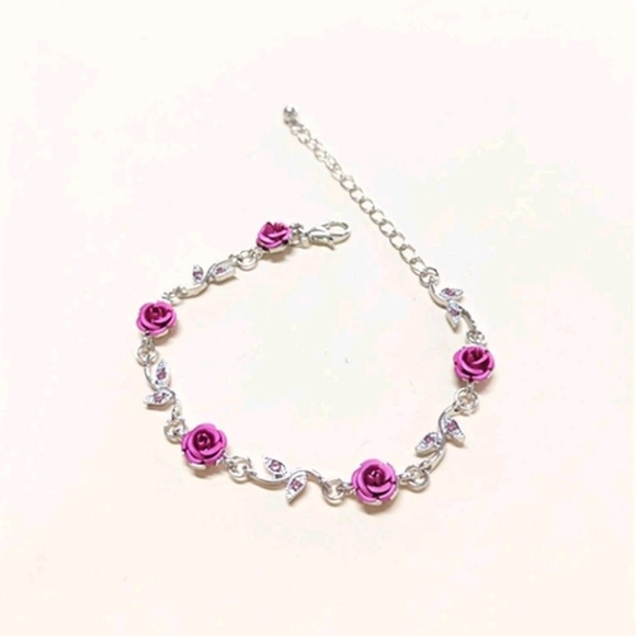 New Hot Pink Flower Design Silver Bracelet - Picture 2 of 4